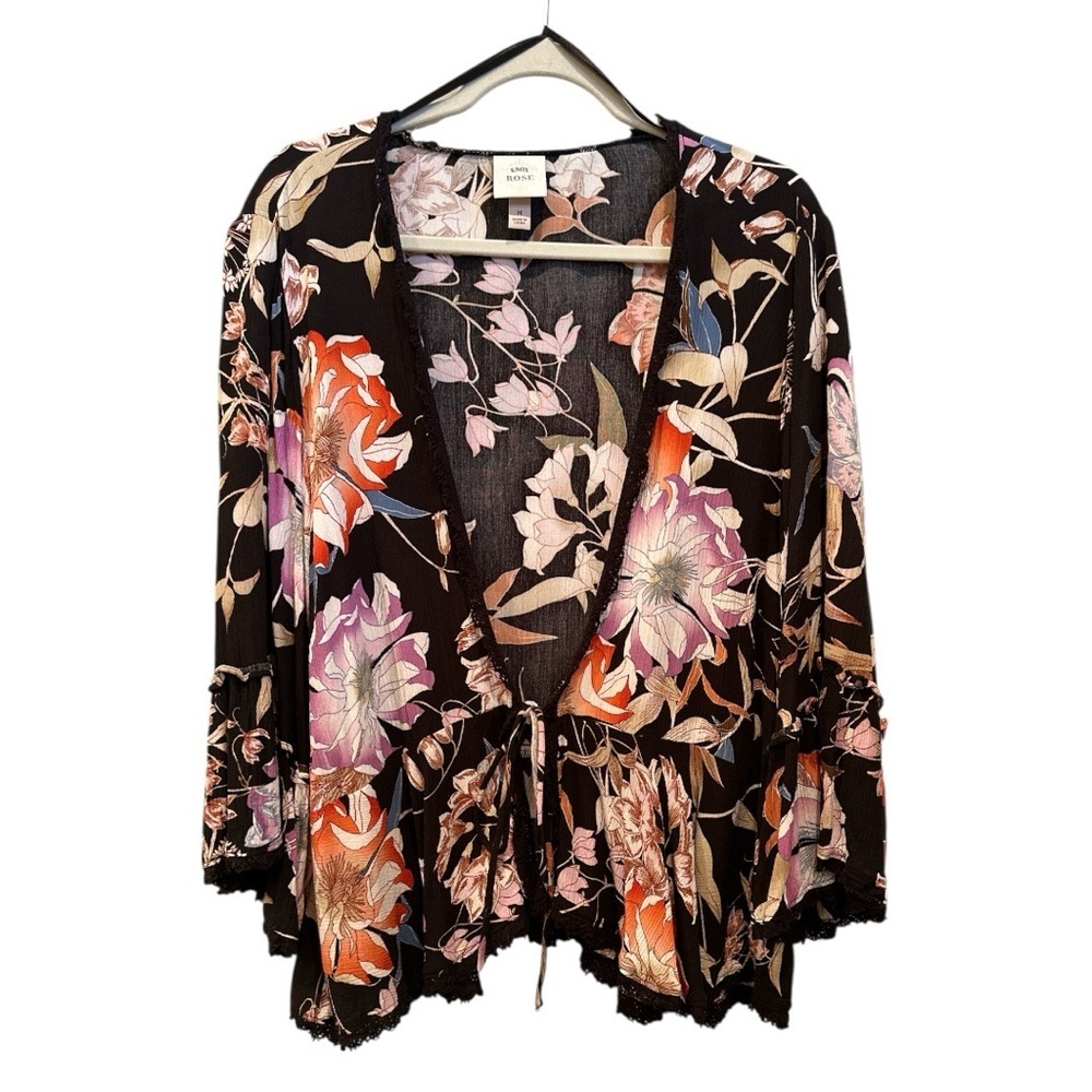 Knox Rose Multicolor Floral Wrap Kimono Boho Layer Spring Bell Sleeve Sz M